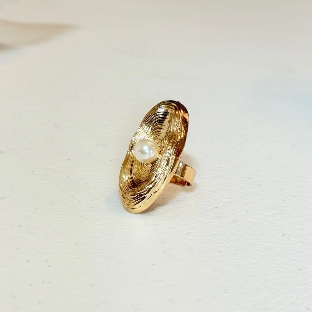 Gold Textured Ring with White Pearl - Women Jewelry